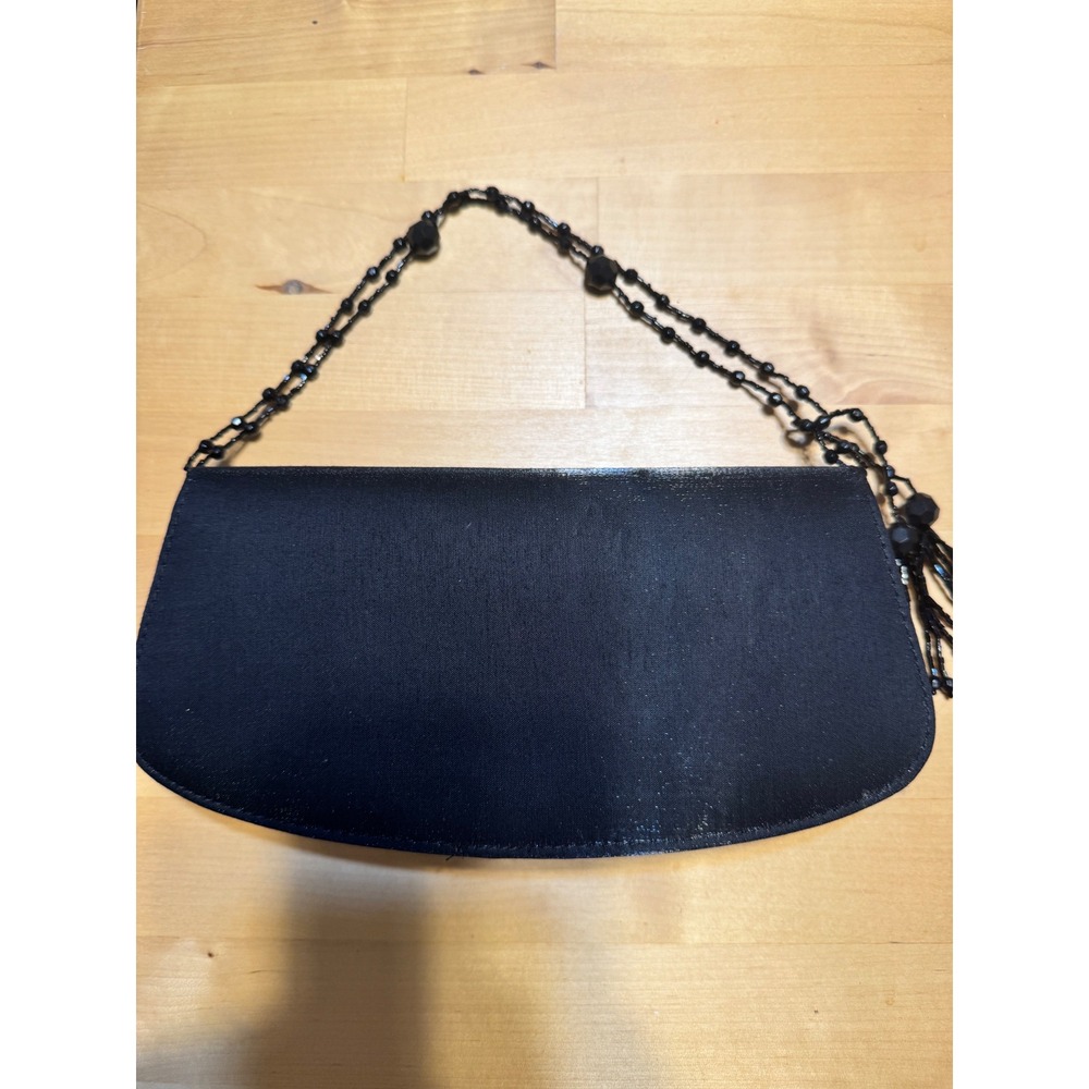 La Regale Black Satin Evening Clutch Bag Beaded Tassel Strap Formal